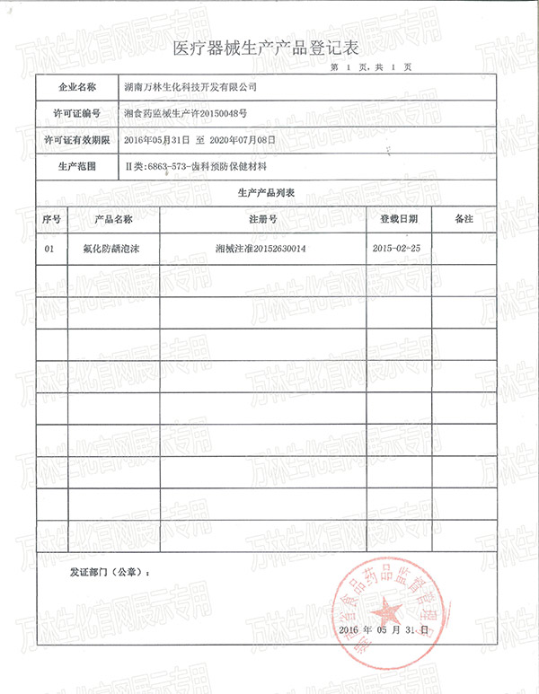 醫(yī)療器械生產(chǎn)產(chǎn)品登記表